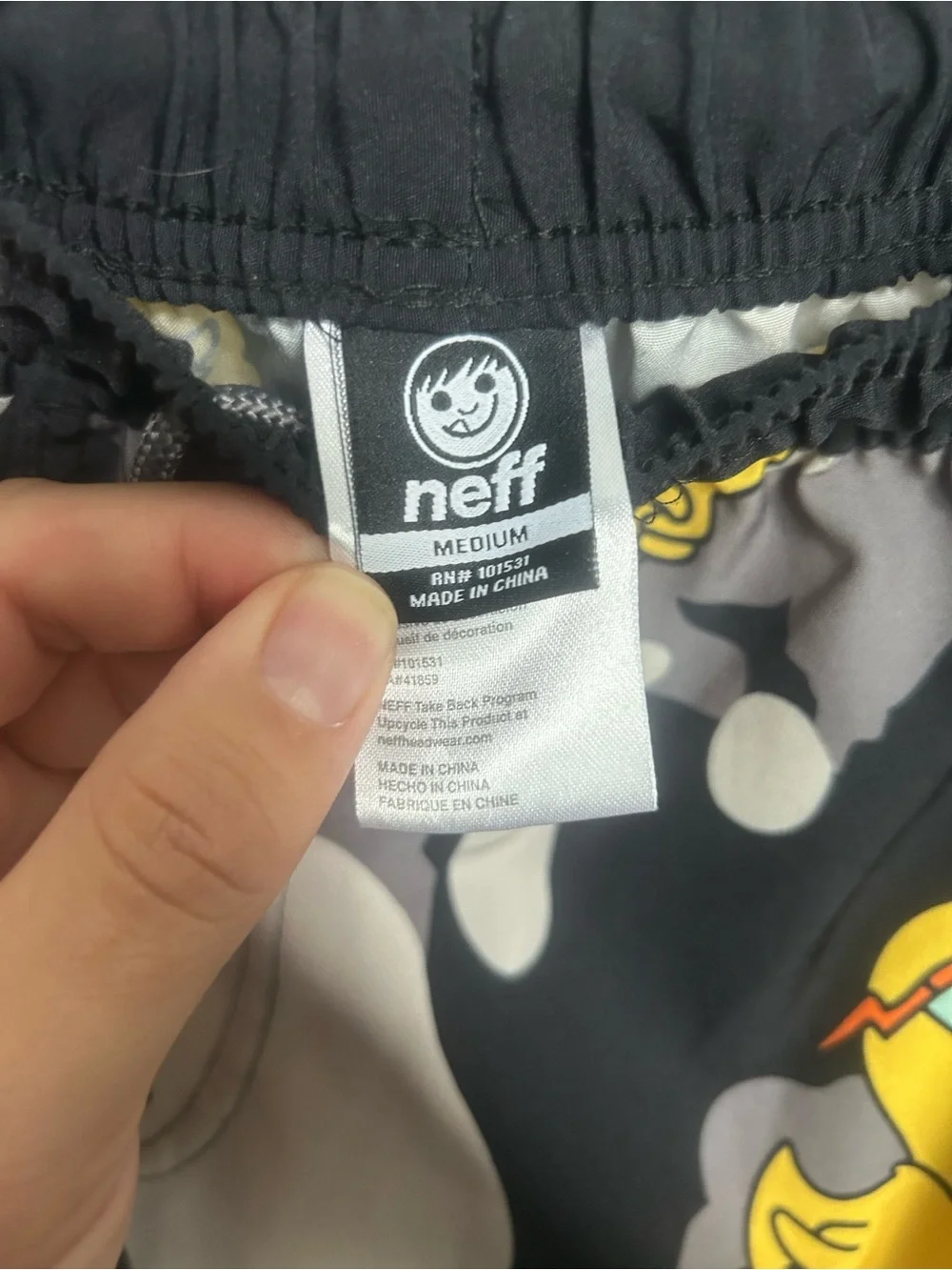 Neff Black & Gray Camo Swim Trunks with Yellow Duck Print